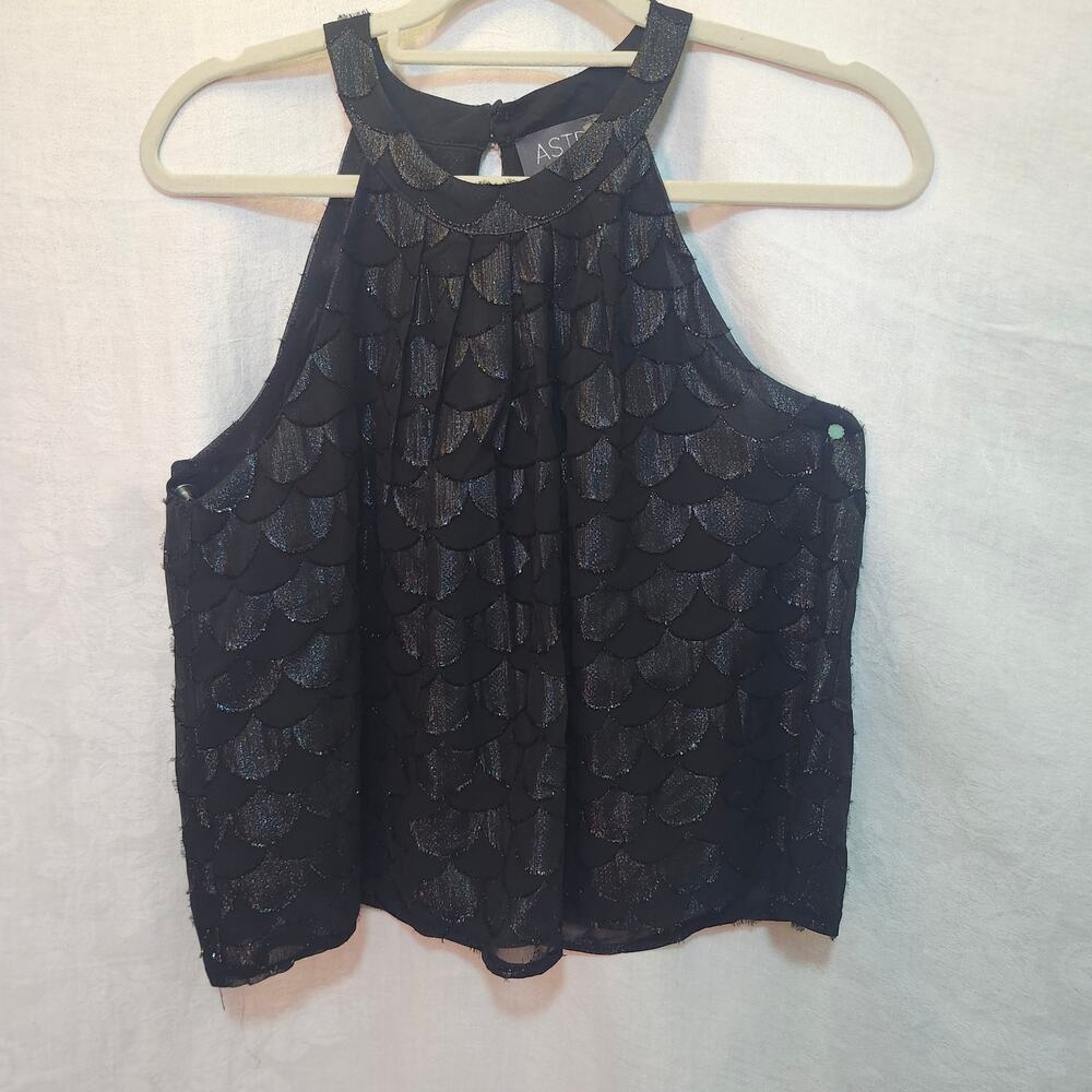 ASTR Sz small Black Metalic Feather detailed Sleeveless Halter Layering Piece